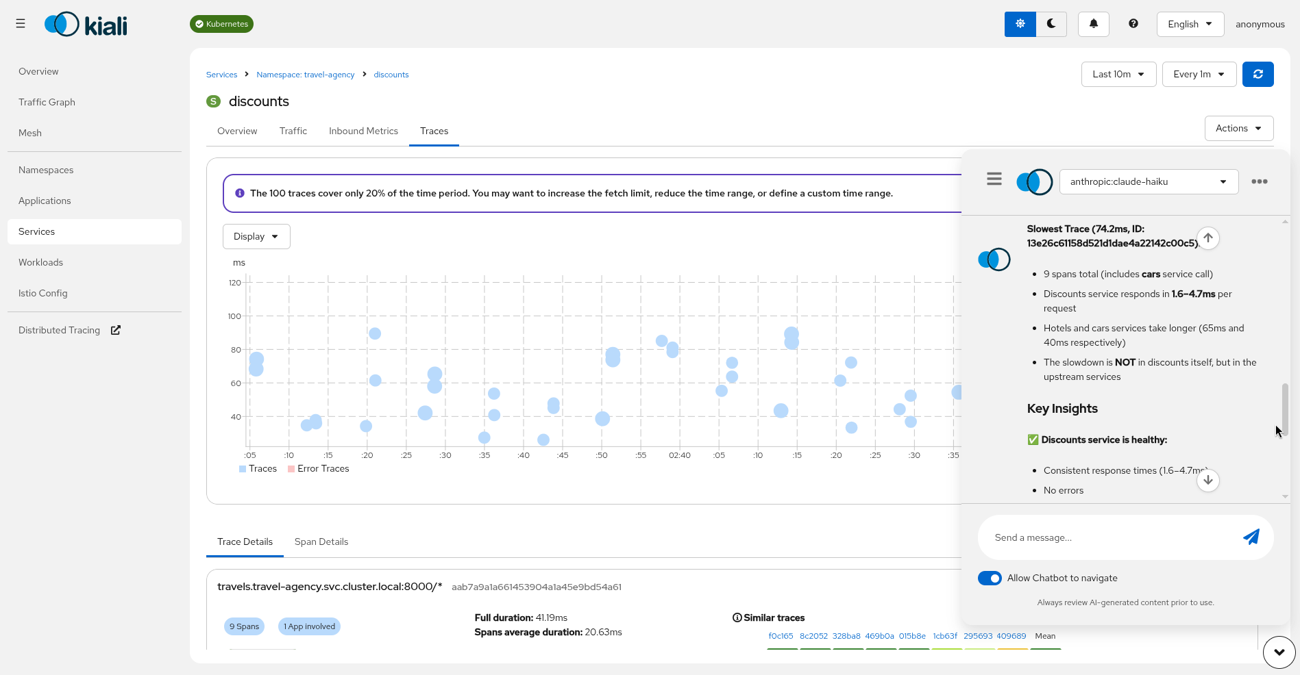 Kiali assistant providing a trace overview based on the current context